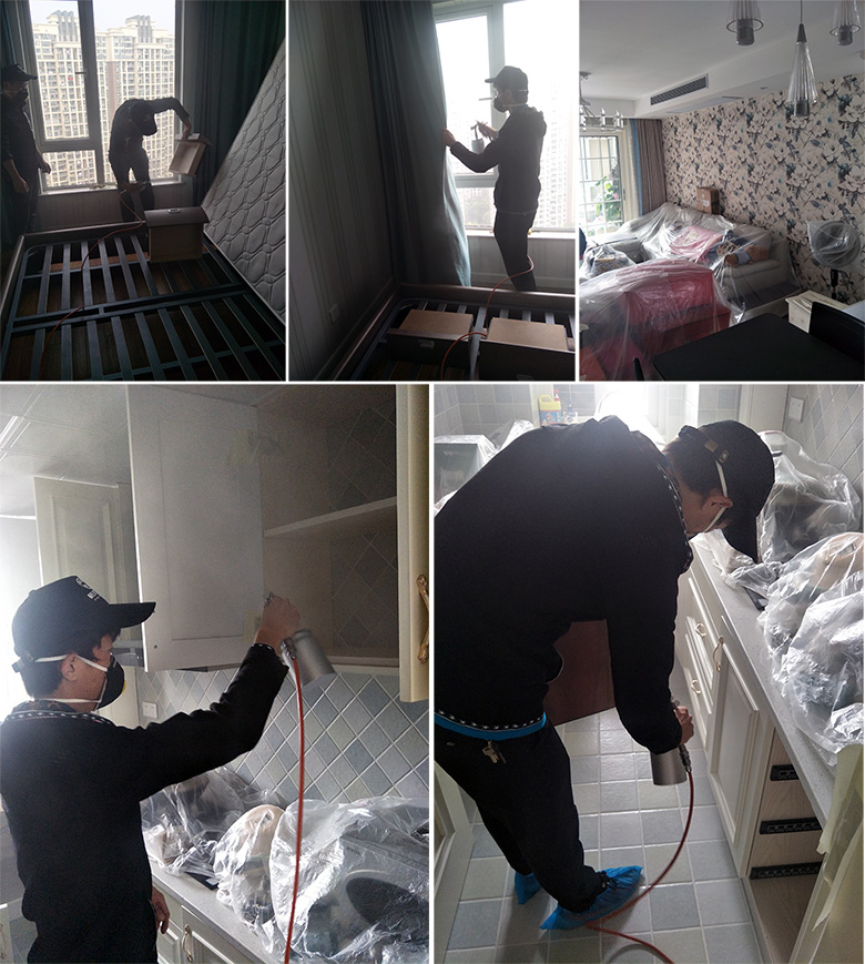 上海除甲醛-树派环保工作人员对保利·东湾一客户家进行室内空气治理